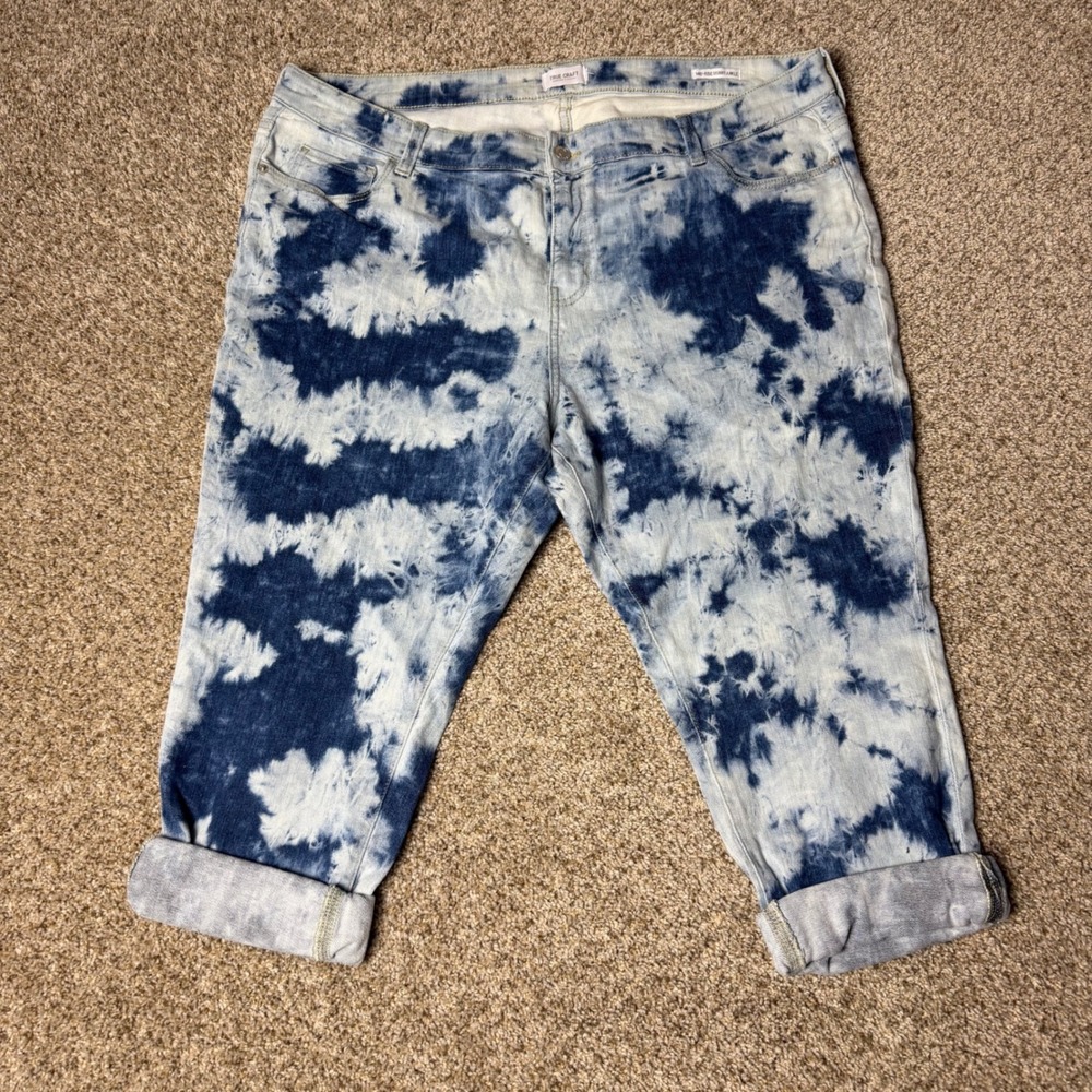 True Craft Womens Tie Dye Mid Rise Skinny Ankle Jeans Blue White Cuffed Size 20W